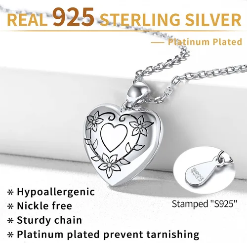 Vista 4 de ChicSilver Collar con medallón de flores grabadas de plata de ley 925 para mujeres que sostienen imágenes, medallón personalizado con imagen, cadena