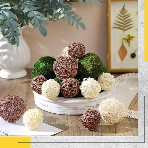 Vista 4 de Jetec 18 piezas de bolas decorativas para centros de mesa, bolas de musgo verde, cordón de mimbre y ratán, rellenos para cuencos decorativos