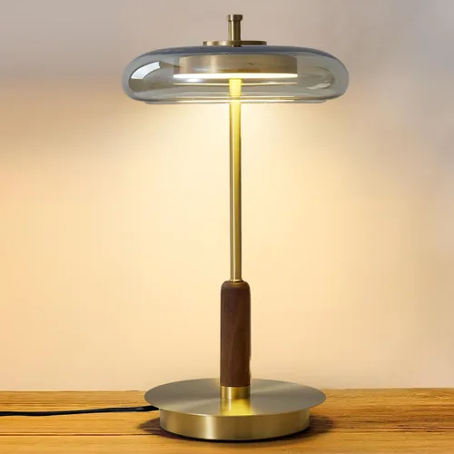 Vista 8 de Lámpara de mesa pequeña para dormitorio - lámpara de mesa con base de madera en forma de hongo lágrima, pantalla de vidrio ámbar, LED de tres