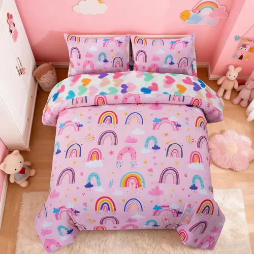 Vista 10 de Holawakaka Juego de edredón bohemio arcoíris tamaño individual con sábanas, juego de cama bohemio de 5 piezas con corazón, estrella y amor para Azul