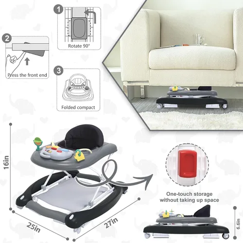 Vista 3 de Andador de bebé plegable 5-en-1 de Pawtong - Balancín, centro de actividades, saltarín, asiento de caminador, andador con empuje - Ruedas traseras