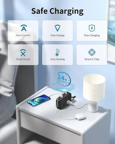 Vista 9 de Regleta de alimentación de viaje, estación de carga USB rápida de 65 W, cargador USB 7 en 1 máximo con 2 tomas, 3 USB C y 2 USB A, cable de Negro