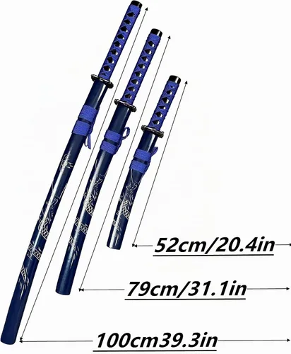 Vista 2 de Juego de espada samurái decorativa, colección Katana azul de 3 piezas con soporte de exhibición, 39.3/31.1/20.4 pulgadas