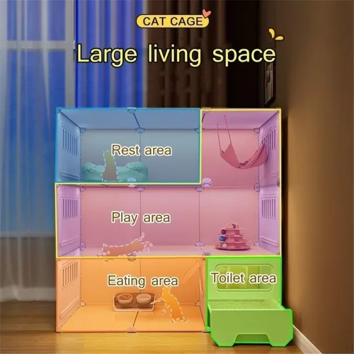 Vista 5 de Jaula grande para gatos para interiores, bonita casa para gatos con caja de arena para gatos, recintos de polietileno para interiores con puerta