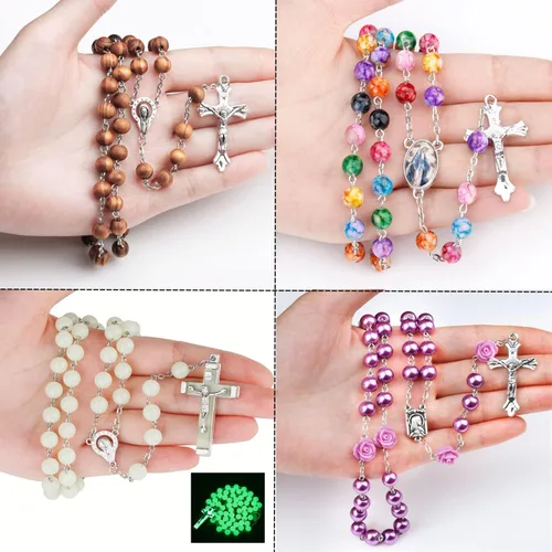Vista 6 de SZQCZB 7 collares católicos con cuentas de rosario y 18 tarjetas sagradas, regalos de primera comunión católica, medalla y cruz de Our Rose Lourdes