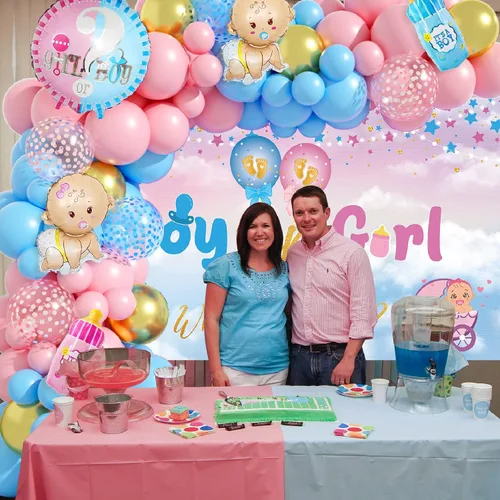 Vista 6 de Decoraciones de revelación de género, kit de arco de guirnalda de globos azul pastel y rosa con texto en inglés "What do You Think", globos de papel