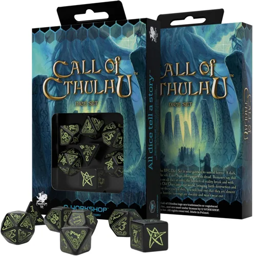 Vista 2 de Q-Workshop Call of Cthulhu - Juego de dados ornamentados de RPG negros y que brillan en la oscuridad, 7 piezas poliédricas negras y que brillan