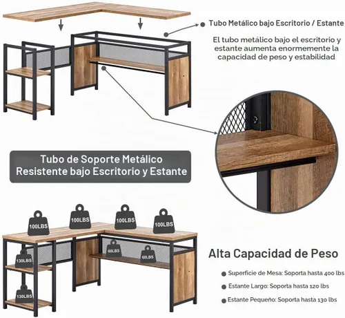 Vista 5 de FATORRI Escritorio para computadora en forma de L con estantes de madera, escritorio de esquina industrial rústico para oficina en casa con patas