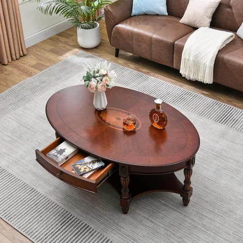 Vista 9 de Mesa auxiliar ovalada de madera con cajón y estante de almacenamiento, 22 x 28" blanco antiguo con cajón-cjz