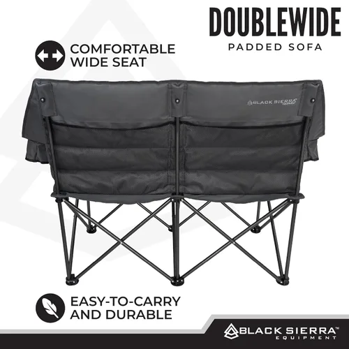 Vista 6 de Black Sierra - Silla de campamento plegable doble acolchada, sofá de campamento plegable de gran tamaño, sofá biplaza portátil para exteriores