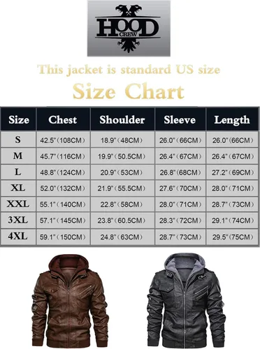 Vista 7 de Hood Crew - Chaqueta bomber para hombre, casual, con cuello alto, cazadora de moto, de piel sintética de poliuretano, con cremallera y capucha