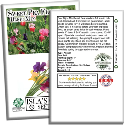 Vista 4 de Bijou Mix Sweet Pea Flower, 25 semillas de flores tradicionales por paquete, nombre botánico: Lathyrus odoratus, Isla's Garden Seeds