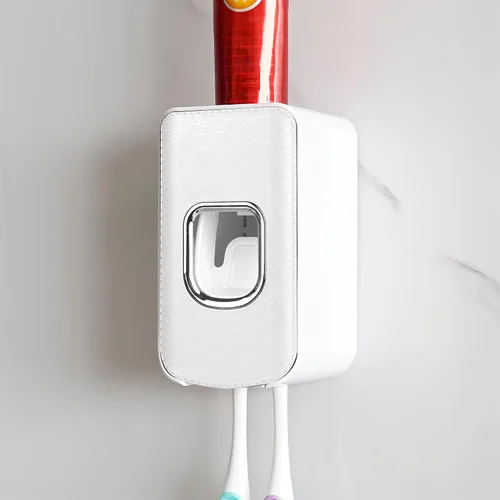 Vista 13 de Soporte de plástico para cepillos de dientes de 2 ranuras y dispensador de pasta de dientes montado en la pared, exprimidor automático de pasta