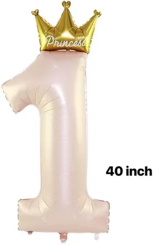 Vista 2 de Globos rosas de corona de princesa número 1 de 40 pulgadas, globos de primer cumpleaños para niñas, decoraciones de fiesta de primer cumpleaños