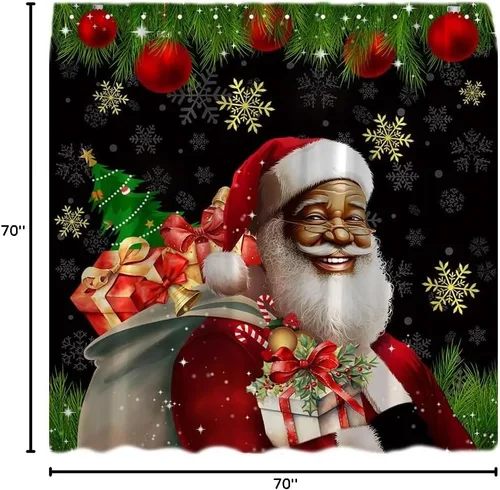 Vista 4 de Cortina de ducha afroamericana de Papá Noel negro retro amable anciano feliz Navidad bola regalo copos de nieve invierno feliz año nuevo cortina