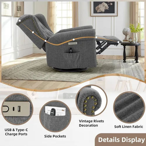 Vista 7 de Silla reclinable mecedora giratoria eléctrica con masaje y calor, mecedora eléctrica para cuarto de bebé, para sala de estar, silla reclinable Gris