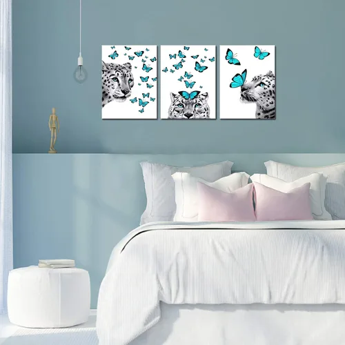 Vista 3 de Kalormore - Lienzo abstracto para pared, diseño de leopardo blanco y negro con mariposas