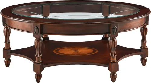 Vista 3 de Mesa de centro tradicional con parte superior de vidrio templado y estante de almacenamiento, marco de madera maciza para sala de estar, centro