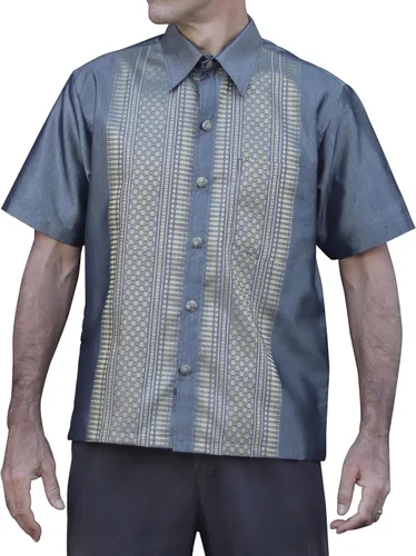 Vista 7 de RaanPahMuang Camisa formal de seda de manga corta con costura tejida del norte de Tailandia Violeta oscuro