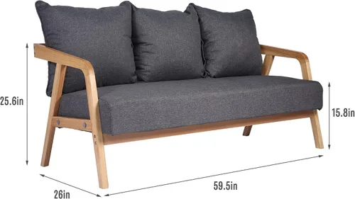 Vista 2 de LUCKYERMORE Sofá moderno de 60 pulgadas, sofá de 3 plazas para espacios pequeños, tapizado con 3 cómodas almohadas, reposabrazos de madera, marco