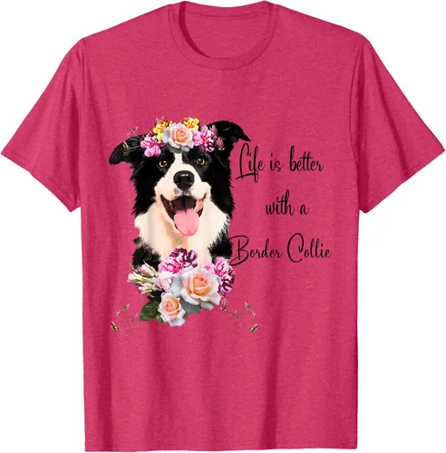 Vista 35 de Life is Better With a Border Collie - Camiseta de perro lindo con flores, gris, S Gris Oscuro