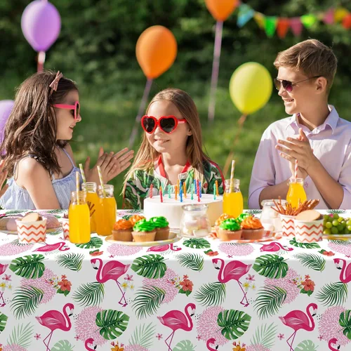 Vista 7 de Paquete de 3 manteles de verano con diseño de flamenco para fiestas, mantel de plástico tropical hawaiano, mantel desechable Luau para verano