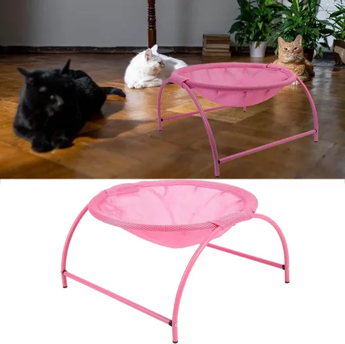 Vista 4 de Hamaca para gatos, lona de acero inoxidable desmontable elevada elevada, cama hamaca para mascotas, para uso en interiores y exteriores, rosa