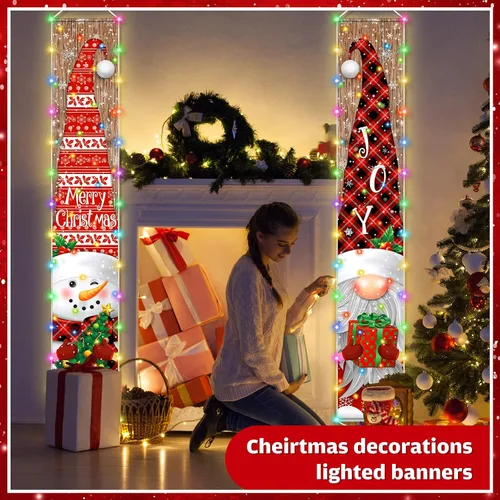 Vista 4 de Irenare Decoraciones de Pancarta de Navidad Iluminada con Luz LED Feliz Navidad Letrero de Porche Frontal Muñeco de Nieve Gnomo Pancarta Colgante