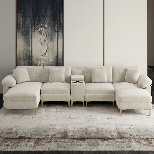 Vista 25 de OUYESSIR Sofá modular en forma de L, sofá de terciopelo de 3 plazas con otomana y almohadas, cómodo sofá cama tapizado para sala de estar, Verde