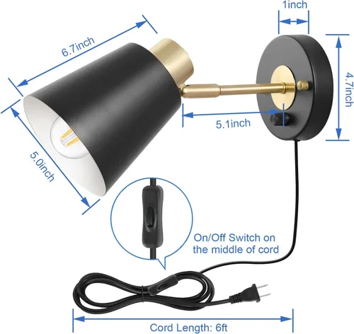 Vista 7 de VATONI Aplique de pared enchufable, aplique de pared regulable, luces de pared ajustables con cable de enchufe e interruptor giratorio