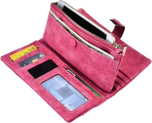 Vista 3 de Cartera de cuero vegano para mujer, bolso de mano plegable de gran capacidad, organizador de tarjetas, con hebilla, bolso largo para niñas