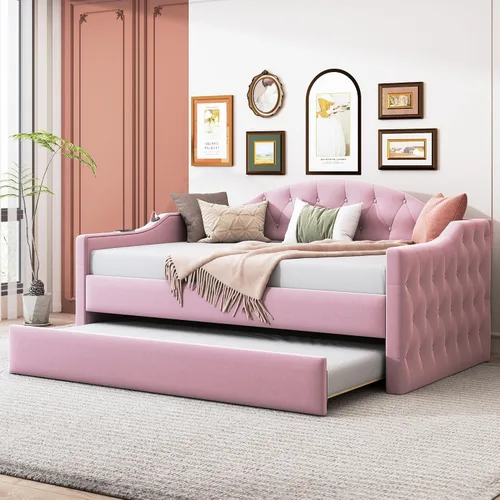 Vista 11 de Bellemave Cama diurna tamaño twin con nido para adultos, niños, niñas, adolescentes, camas diurnas con nido para sala de estar, terciopelo, beige