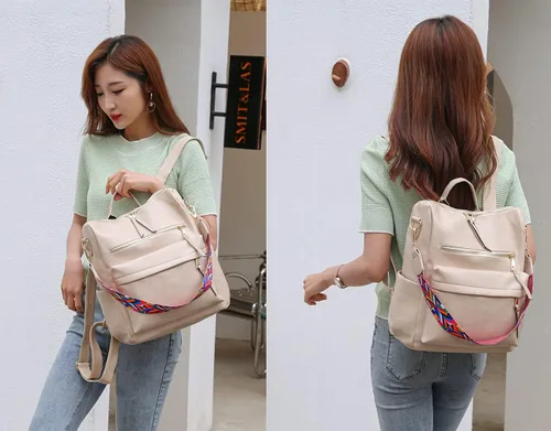 Vista 3 de Mochila para mujer bolsa de viaje de moda multiusos bolso de diseñador para mujer bolso de hombro de piel sintética Beige 123W x 134H x 63T Portátil