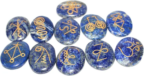 Vista 2 de Lapislázuli K-Aruna Reiki - Piedra preciosa grabada A++ Sets de terapia de cristal curativo con bolsa de palma preocupación pulgar piedra regalo