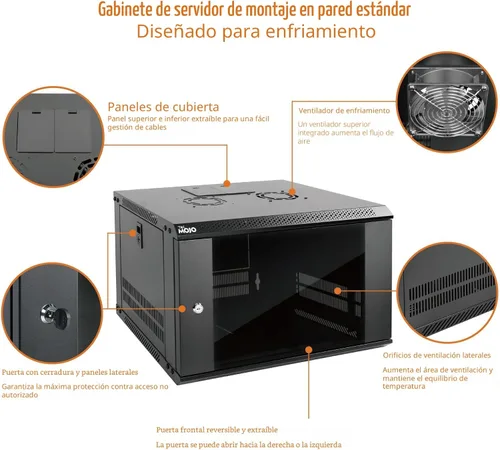 Vista 3 de Tecmojo 6U Gabinete de Servidor de Montaje en Pared IT Red Rack de Cierre con Puerta y Paneles Laterales Bloqueables en Negro, Ventilador