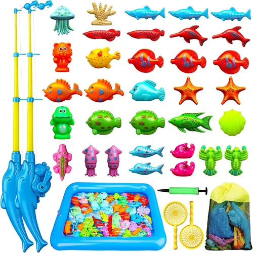 Vista 8 de TOY Life Juego de pesca magnético para 2 jugadores para niños de 3 a 5 años, juego de caña de pescar para niños pequeños con juguetes de peces