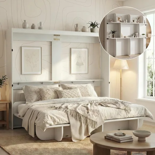 Vista 11 de Mjkone Cama Murphy de pared vertical Queen con estante de almacenamiento