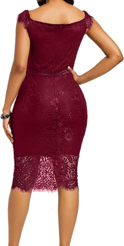 Vista 2 de Women's Elegant Floral Lace Round Neck Short Sleeves Knee Length Bodycon Cocktail Lace Dress