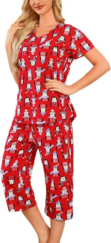 Vista 33 de ENJOYNIGHT Conjuntos de pijama de algodón para mujer, pijamas de verano con pantalones capri, ropa de dormir Gato negro