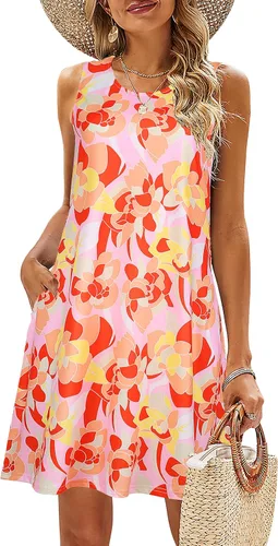 Vista 68 de SimpleFun - Vestidos de verano para mujer, camiseta floral, vestido de playa de estilo bohemio, informal, con bolsillos y sin mangas