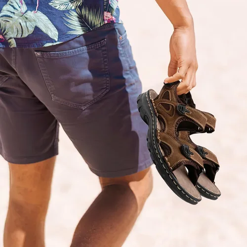 Vista 4 de Jousen Sandalias de cuero para hombre, sandalias de playa con punta abierta, para verano, senderismo, deportes al aire libre