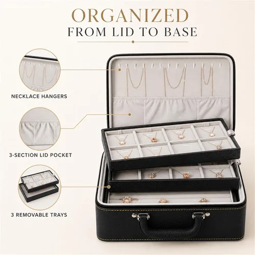 Vista 7 de Oirlv Joyero de cuero negro hecho a mano, organizador de joyas de viaje, estuche de almacenamiento para niñas, aretes, anillos, collares, colgantes