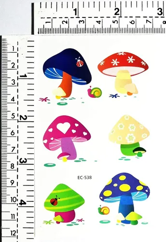 Vista 2 de Mini tatuajes de 2 hojas de hongos lindos bohemios, hippie, retro, amor, paz, caricaturas, impermeables, temporales, tatuajes falsos, arte corporal