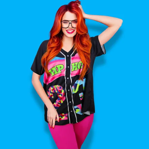 Vista 6 de Xtinmee Traje de los años 8090 para mujer, kit de disfraz de hip hop, disfraz de los años 90, camiseta de béisbol, camisa de manga corta, pantalones