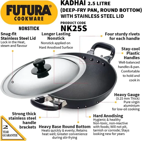 Vista 2 de Hawkins Futura Kadhai antiadherente 2,5 L, 10.2 in, 0.128 in con tapa SS (negro)