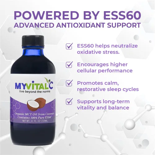 Vista 4 de MyVitalC Aceite orgánico MCT derivado de coco – Suplemento antioxidante puro ESS60 – para antienvejecimiento, oxidación, longevidad, sueño, más