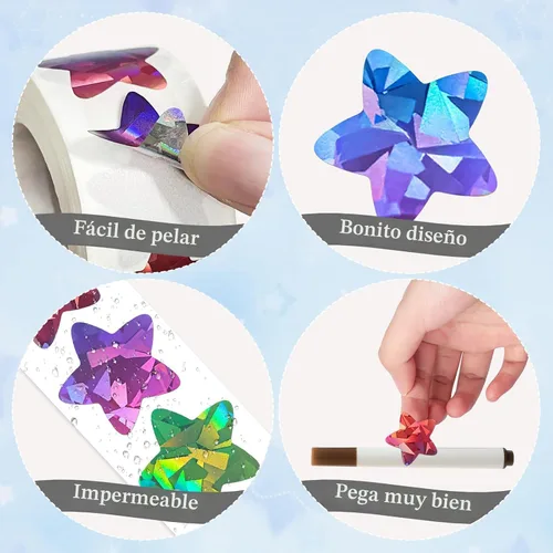 Vista 3 de 500 calcomanías de estrellas multicolor para recompensas infantiles, calcomanías holográficas de estrellas de 1 pulgada para bricolaje