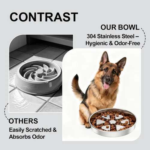 Vista 2 de Cuencos para perros de alimentación lenta del acero inoxidable 304 Cuenco de acero inoxidable + base de silicona gris