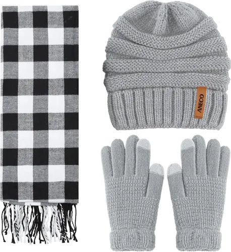 Vista 6 de Aneco Conjunto de bufanda de punto cálido de invierno para hombres y mujeres bufanda elástica suave