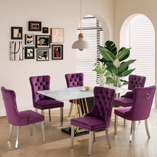Vista 153 de SoarFlash Juego de 2 sillas de comedor de terciopelo, silla lateral de respaldo alto, silla lateral moderna tapizada de alta gama con botones Beige